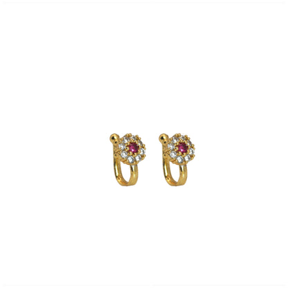 Gold Plated Red & White Stone Round Floral Clip-On Nose Ring Combo Pack of 2