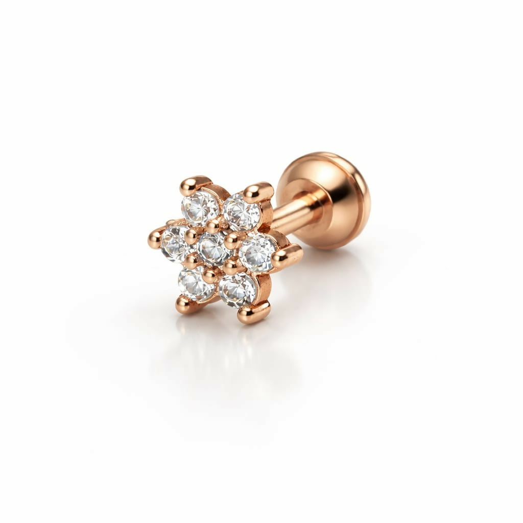 Side angle of rose gold crystal nosepin stud with secure screw-on backing