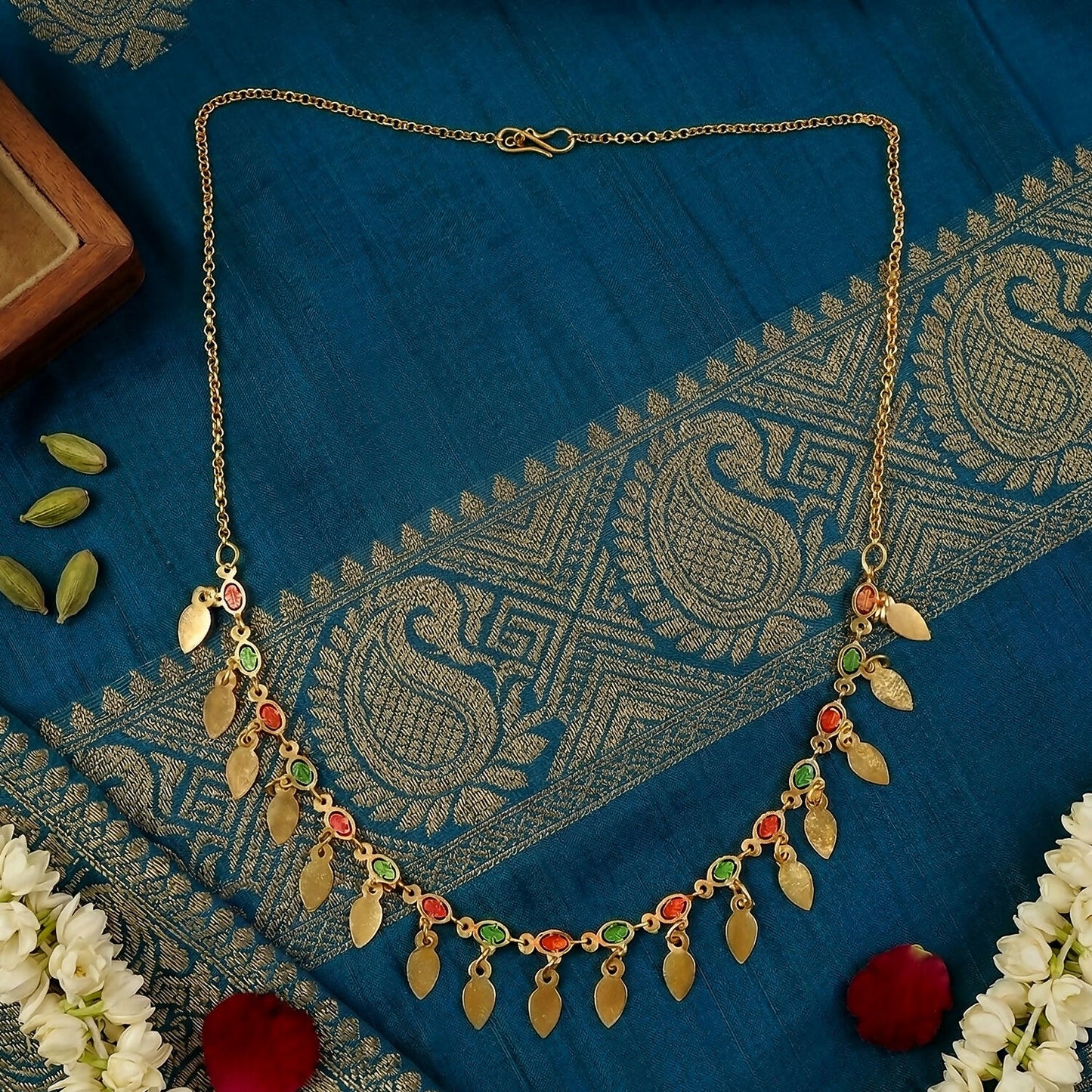 Gold Tone Leaf Charm Necklace with Multicolor Stones