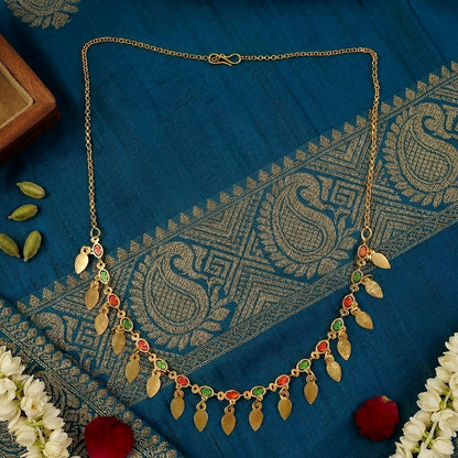 Gold Tone Leaf Charm Necklace with Multicolor Stones