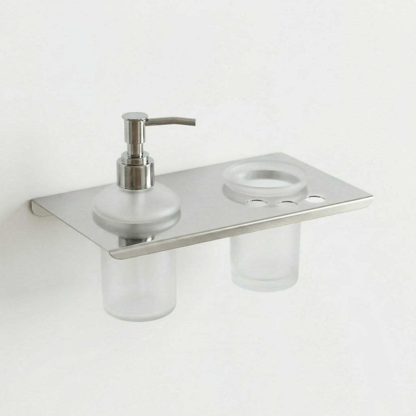Premium Stainless Steel Wall Mounted Bathroom Shelf with Soap Dispenser & Toothbrush Holder