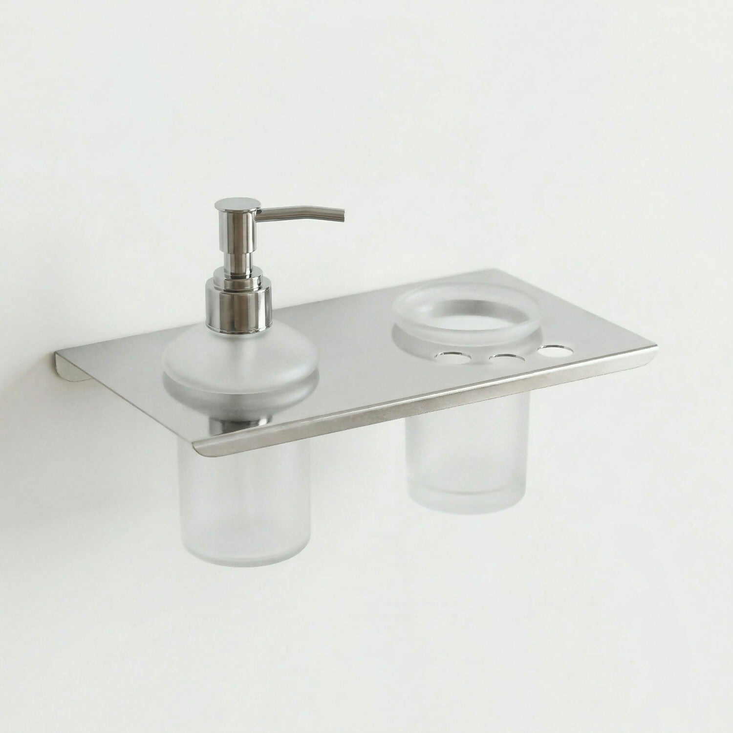 Premium Stainless Steel Wall Mounted Bathroom Shelf with Soap Dispenser & Toothbrush Holder