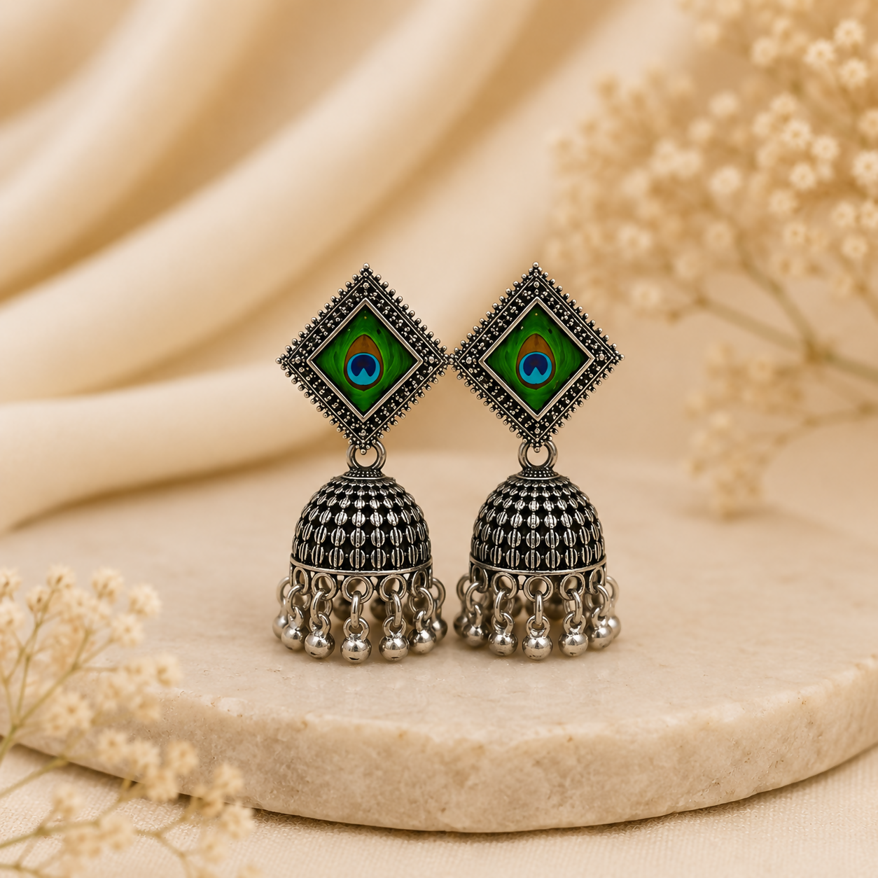 A pair of oxidised peacock jhumka earrings with an intricate feather design.