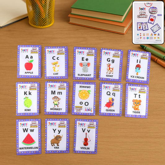 Alphabet learning flash card showing letter A with colorful picture and word