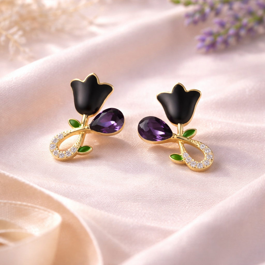 Close-up of purple crystal on black floral stud earrings