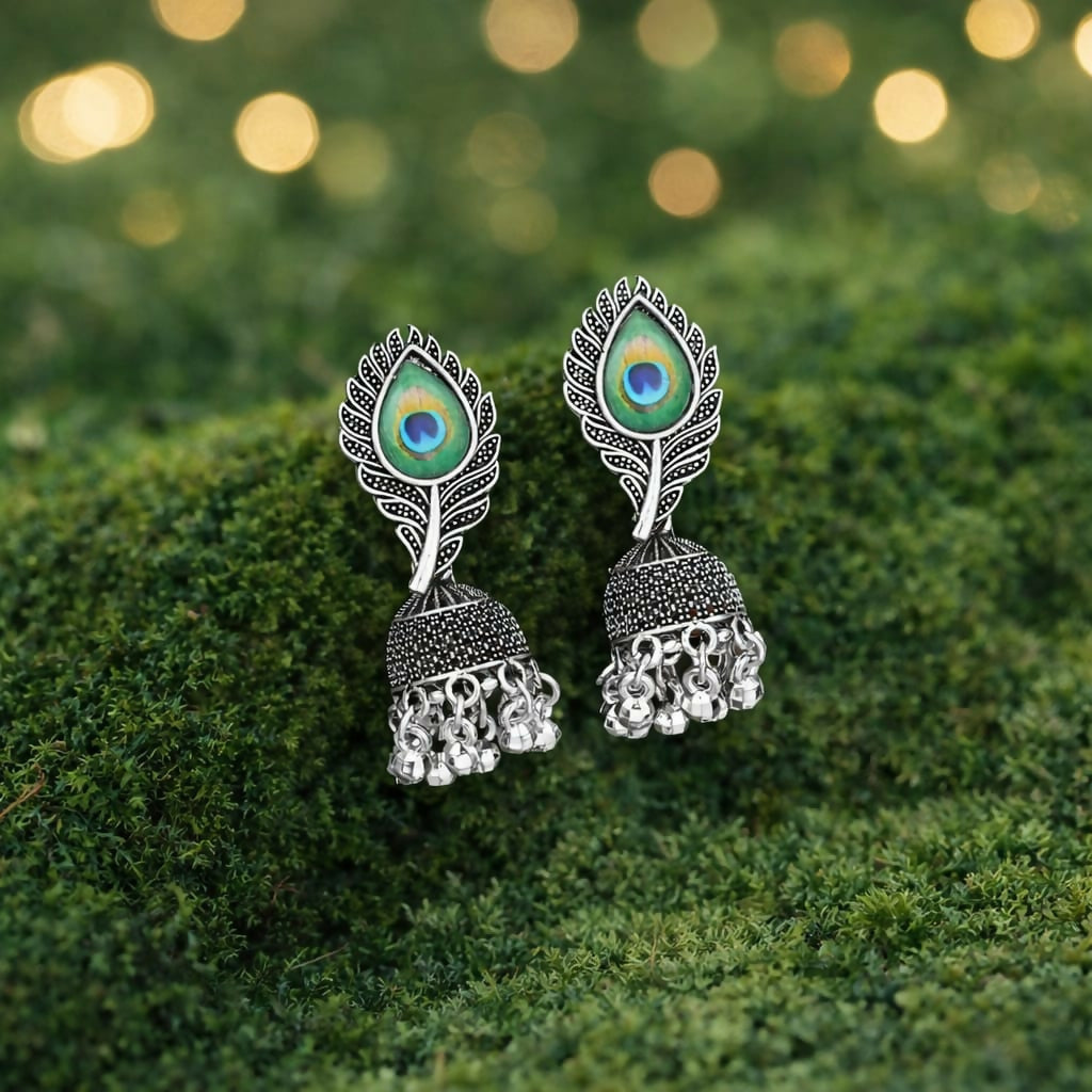 Oxidised Silver Jhumka Earrings Designed With Elegant Peacock Feather