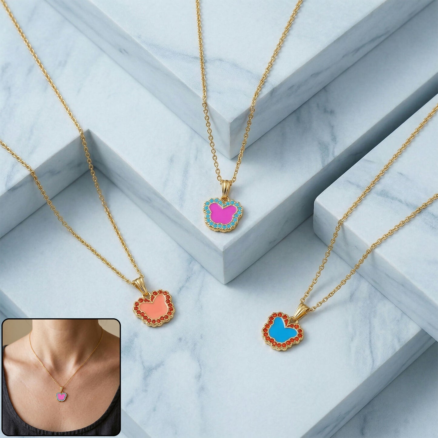 Cute Butterfly-Shaped Gold Pendant Necklace with Color Stones
