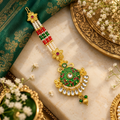 Traditional Pearl Beaded Maang Tikka with Floral Chain and Decorative Kundan Pendant