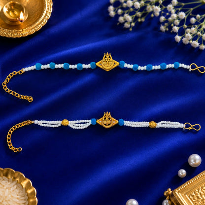 Premium Trishul Mahadev Designer Rakhi Set with Pearl Beads for Bhai & Bhabhi side angle for festive gifting rakhi combo