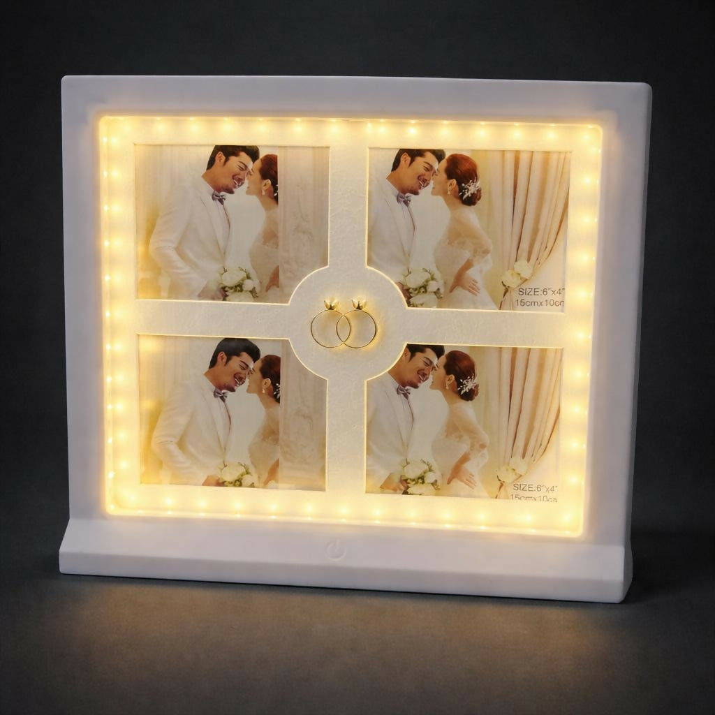 Side angle of white photo collage frame with LED lighting