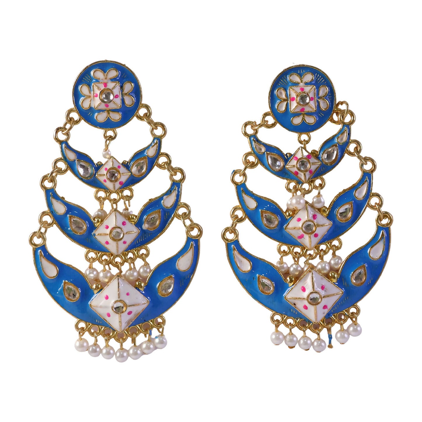 Back view of royal blue ethnic layered pearl earring