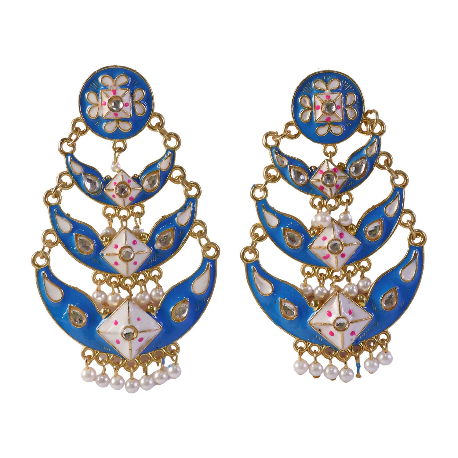 Back view of royal blue ethnic layered pearl earring
