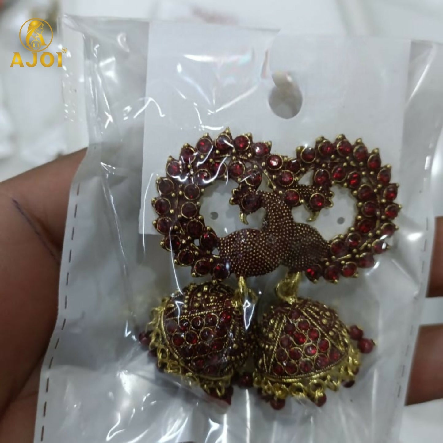 Royal Maroon Peacock Jhumka Earrings – Antique Gold Finish