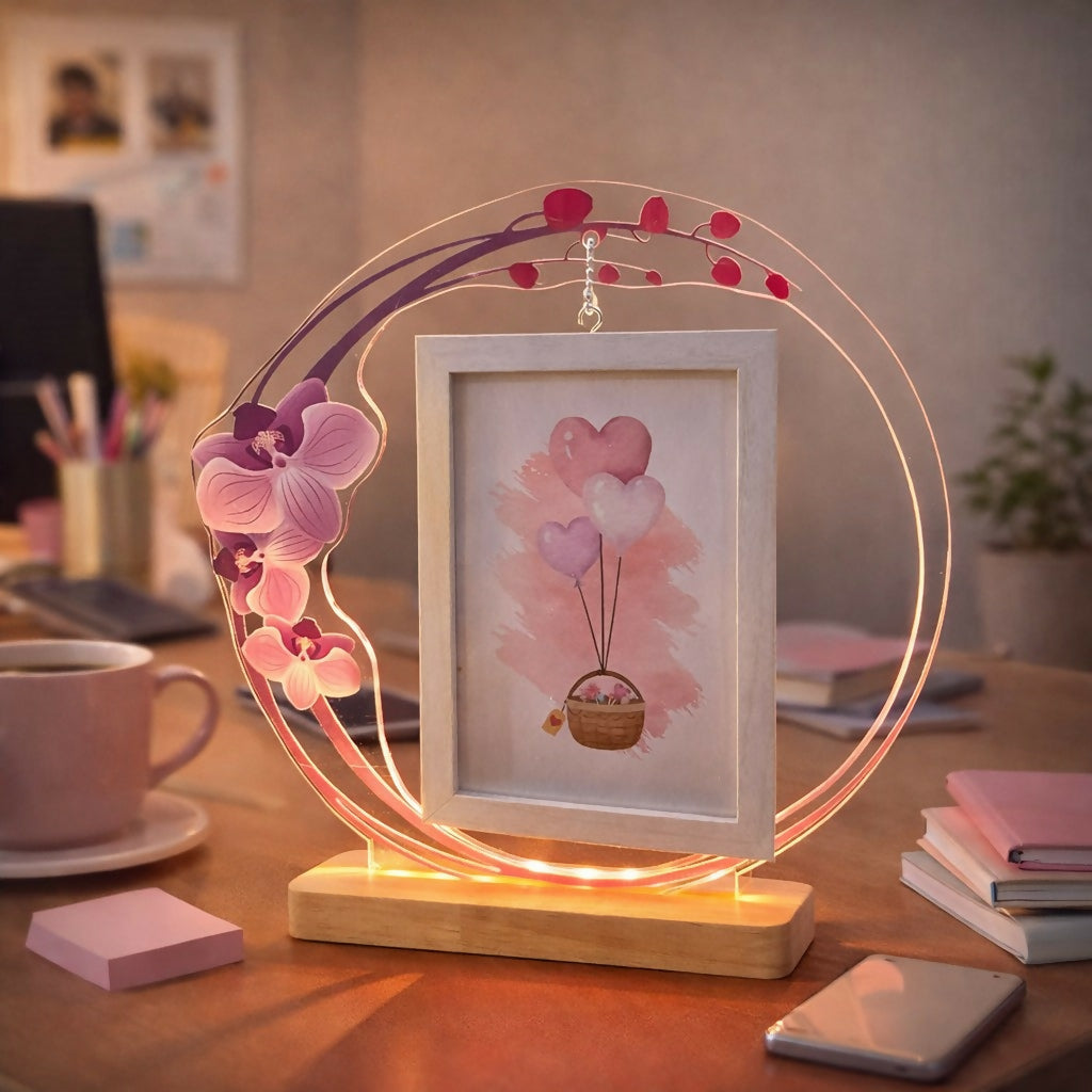 LED Photo Frame Lamp with Floral Design Decorative Night Light
