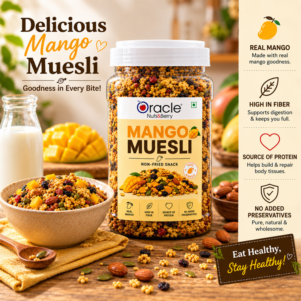 Mango Muesli Premium Fruity Crunchy Wholesome Healthy Breakfast Cereal Bowl (400g)