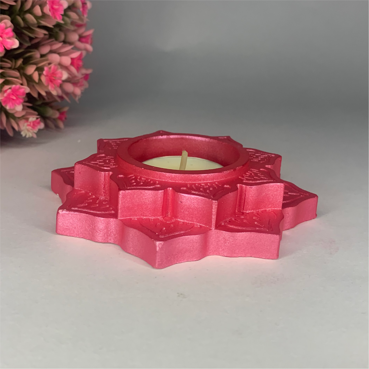 Handmade Lotus Diya – Metallic Pink Tealight Holder | Traditional Candle Holder for Diwali, Pooja, Meditation & Home Décor | Festival Gift Item