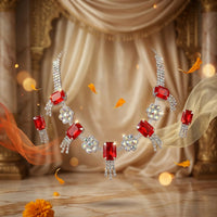 Ruby Red Crystal Choker Necklace & Earrings Set Silver Bridal Wedding Party Jewellery