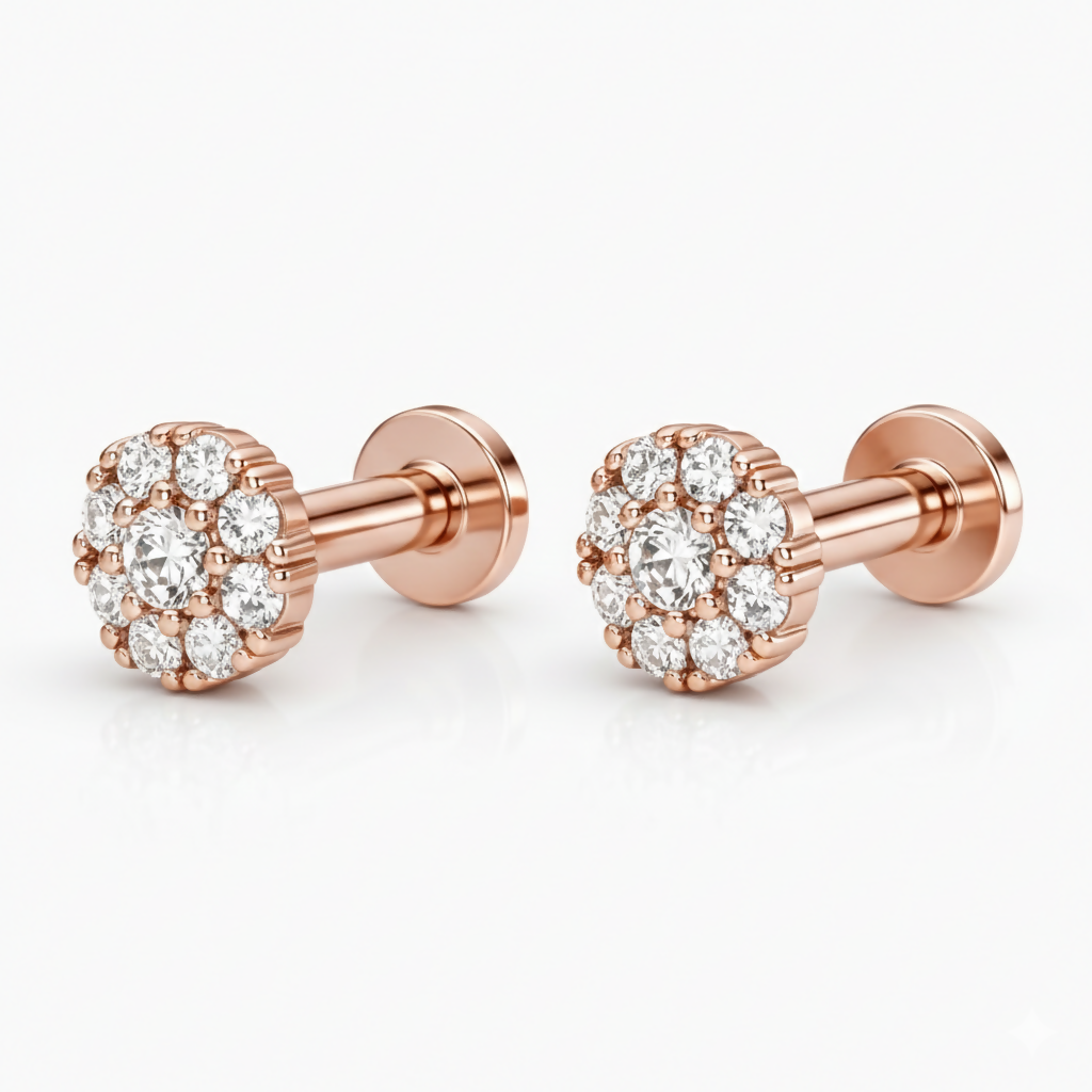 Top view of rose gold plated sparkling diamond style nose pin cluster