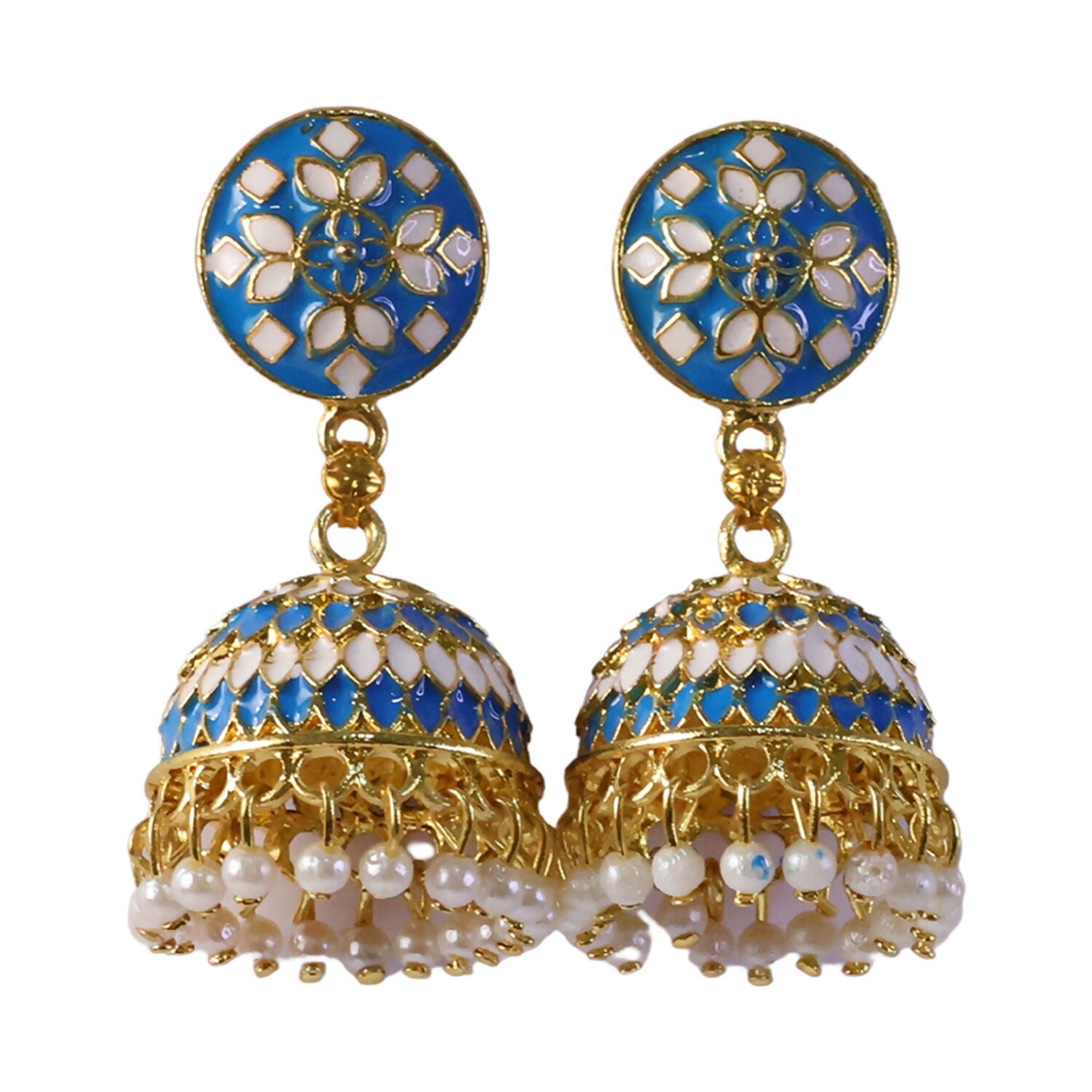 Blue jhumka earrings showing golden finish and pearl hanging