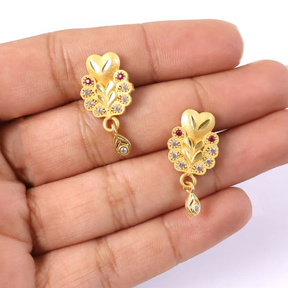 Floral Inspired Gold Stud Earrings With Central Stone And Teardrop Dangle Detail
