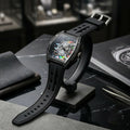Black Skeleton Dial Watch for Men Tonneau Shape Racing Style Analog Silicone strap