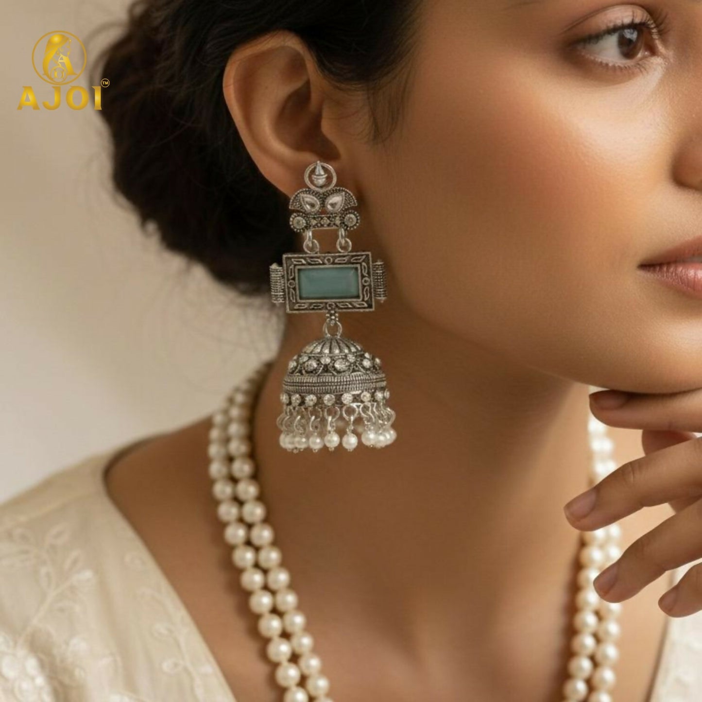 Heritage Royal Oxidized Silver Jhumka Earrings with Aqua Stone Earring