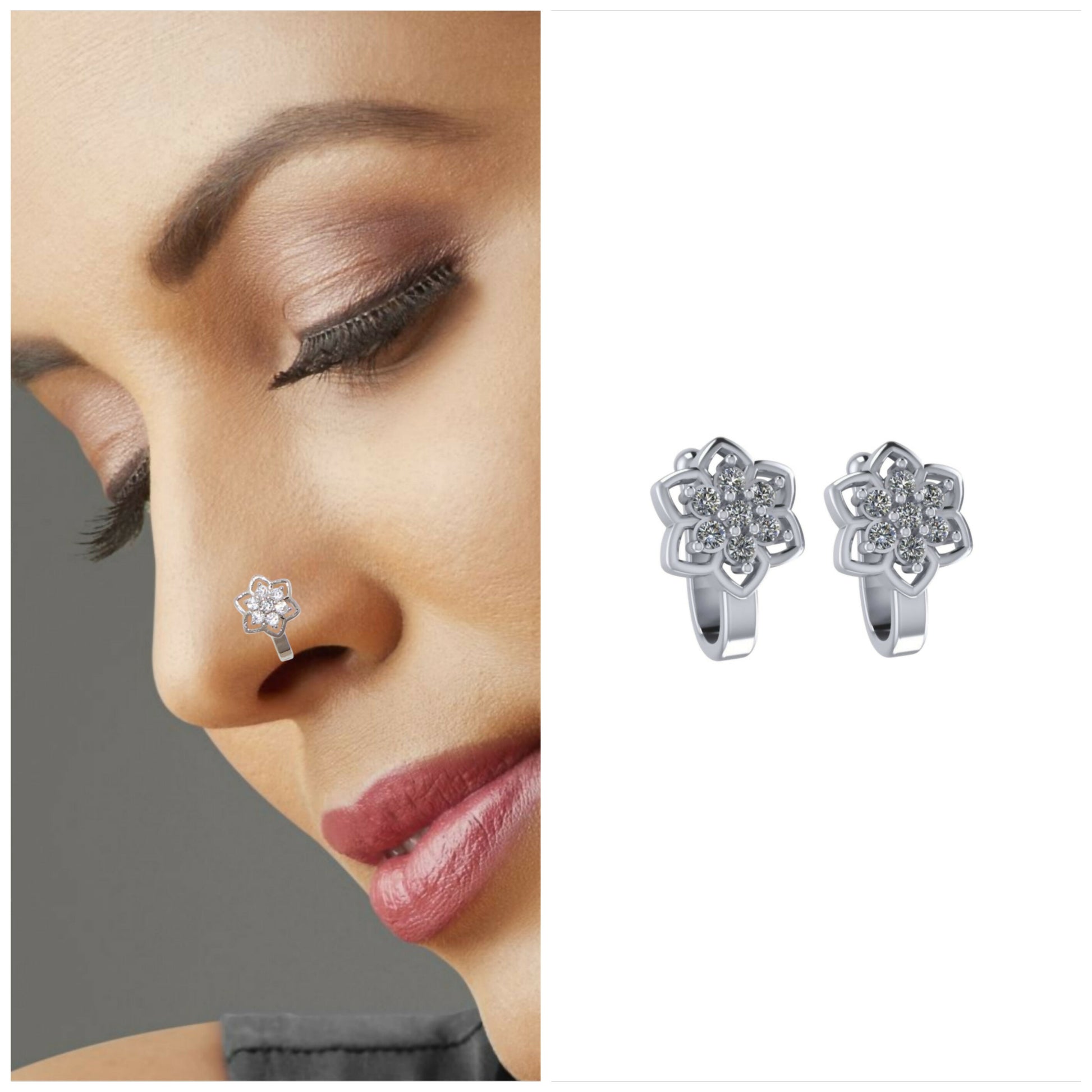 2Pc Non-Piercing Nose Ring Set Floral & Cuff Gold Silver AD