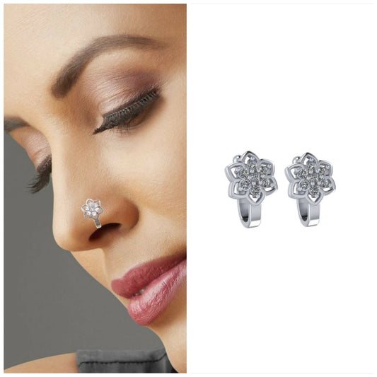 2Pc Non-Piercing Nose Ring Set Floral & Cuff Gold Silver AD