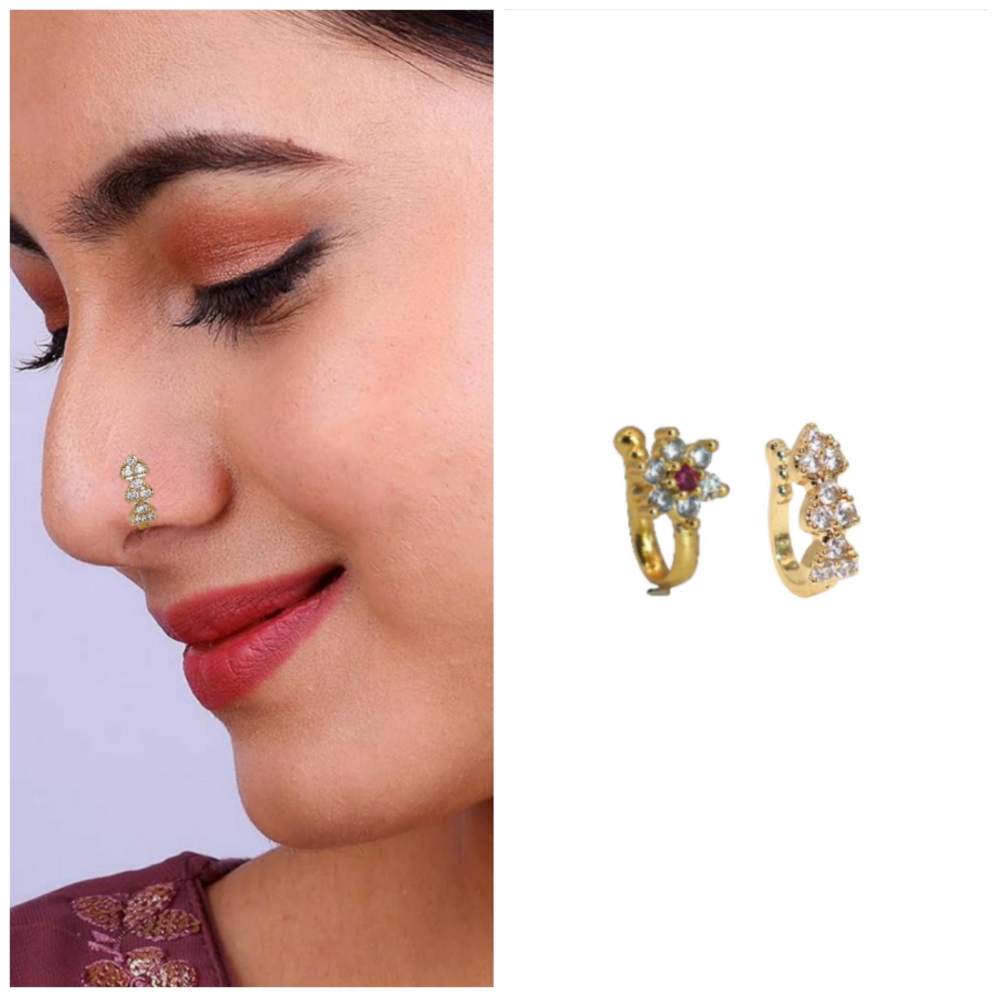 No Piercing CZ Nath Clip-On Nose Ring Set (Gold & Silver) Combo Pack of 2