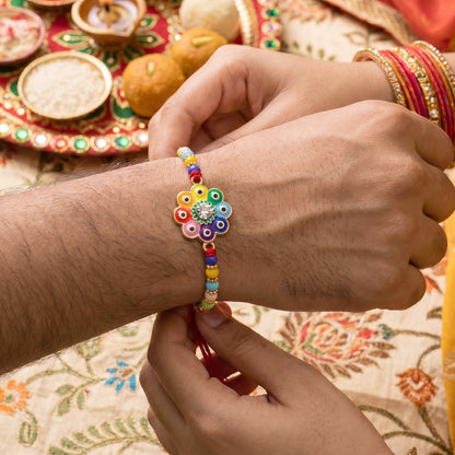 Detailed view of colorful designer rakhi