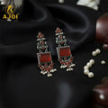 Red Stone Oxidised Silver Earrings with Pearl Danglers – Elegant Ethnic Jewelry