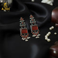 Red Stone Oxidised Silver Earrings – Elegant Pearl Danglers