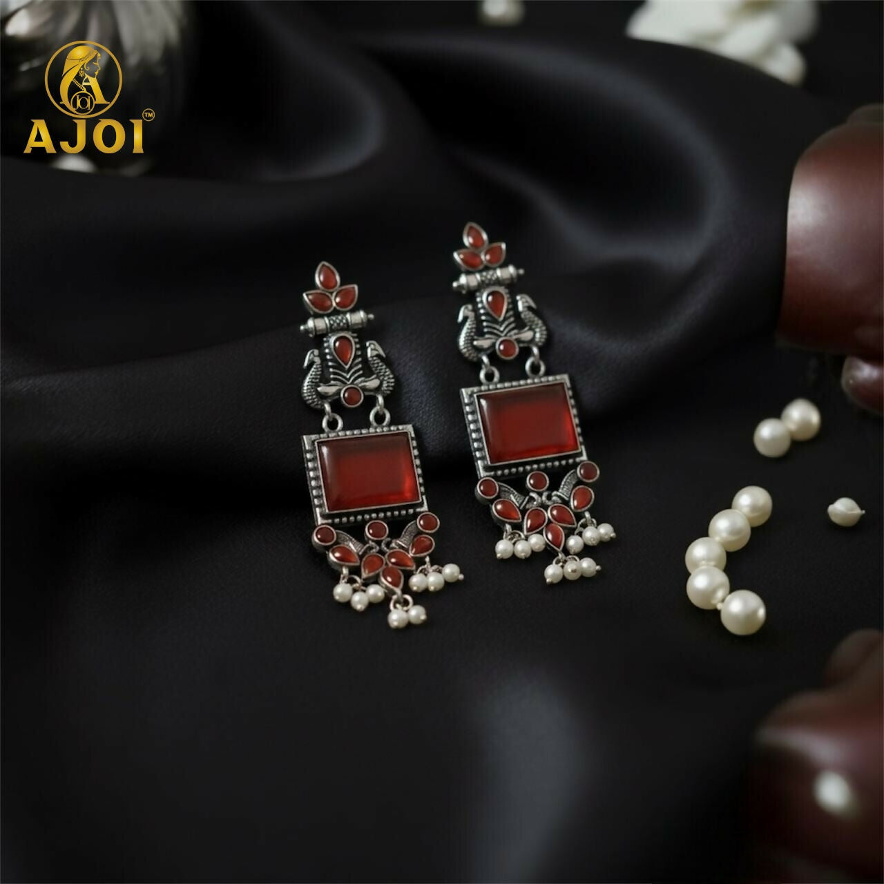Elegant Red Stone Oxidised Silver Earrings with Pearl Danglers | Ethnic Statement Jewelry