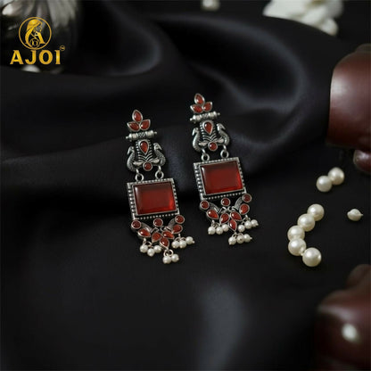 Elegant Red Stone Oxidised Silver Earrings with Pearl Danglers | Ethnic Statement Jewelry