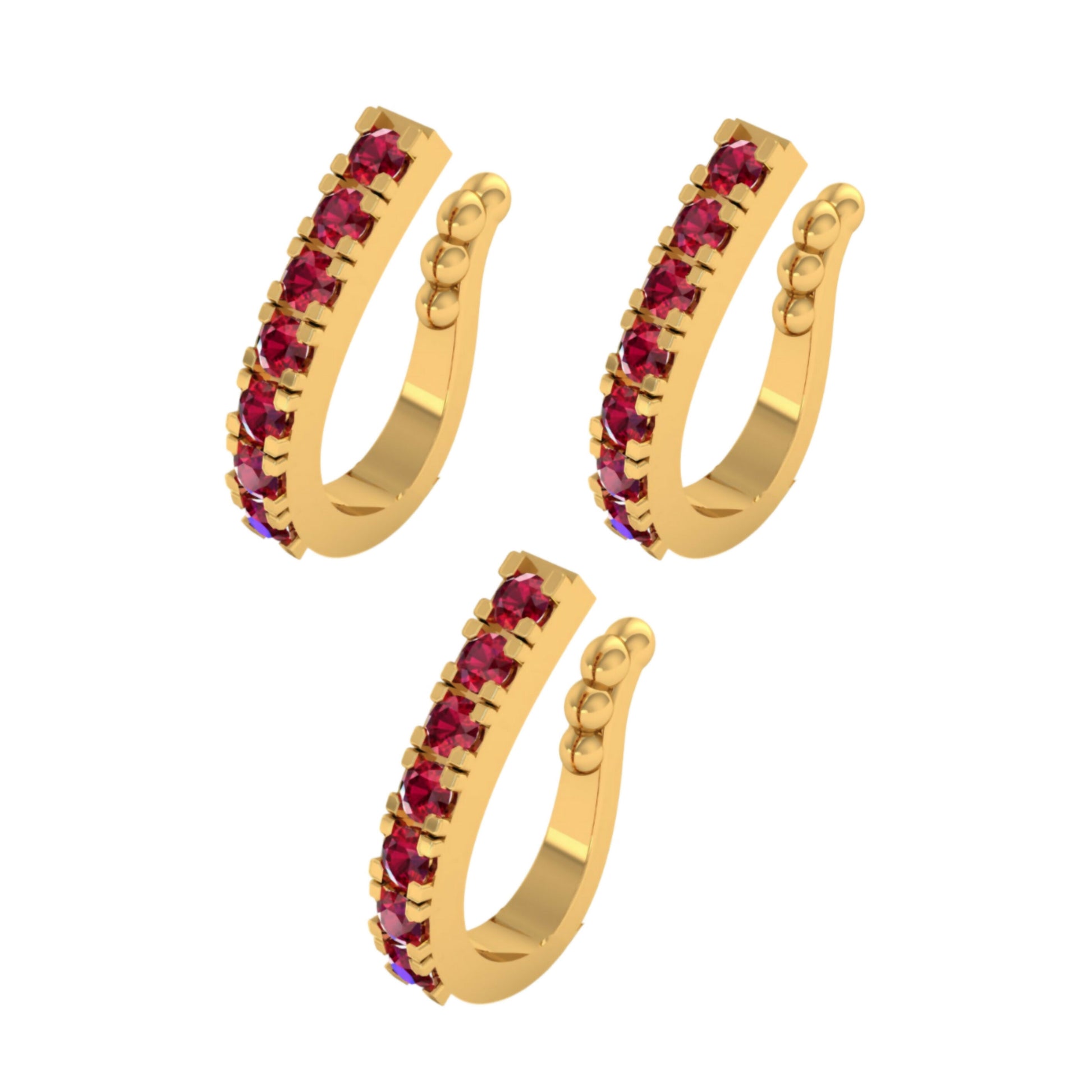 Close-up of gold plated non-pierced nose cuff featuring sparkling ruby CZ stones