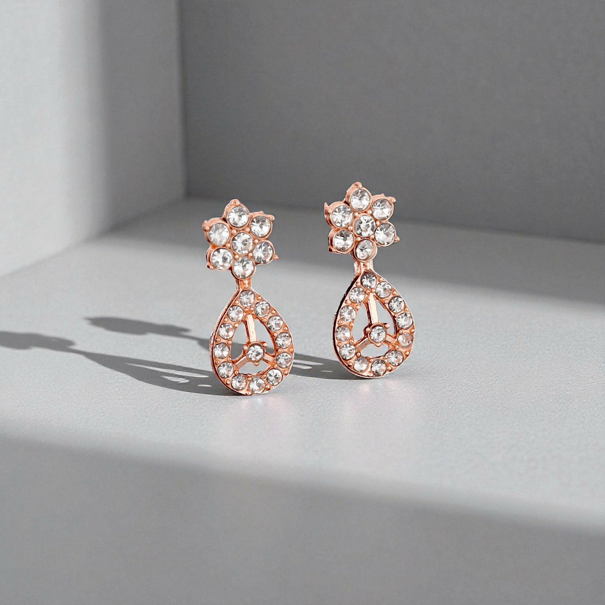 Elegant Crystal & Enamel Floral Link Necklace Set with Pearl Drop (Multiple Colors)