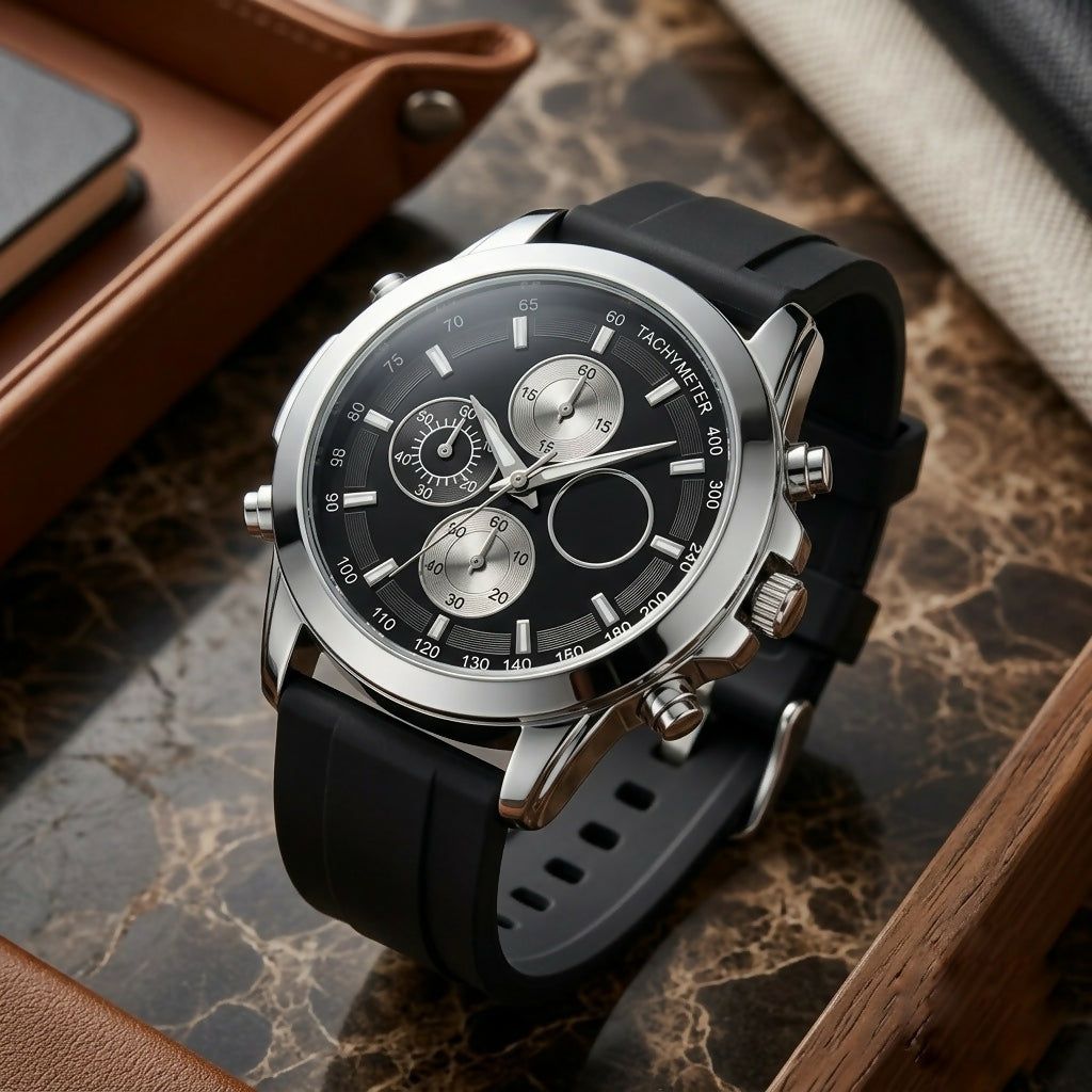 Close-up of a silver watch with a black face and black silicone band, resting on a marble tray.
