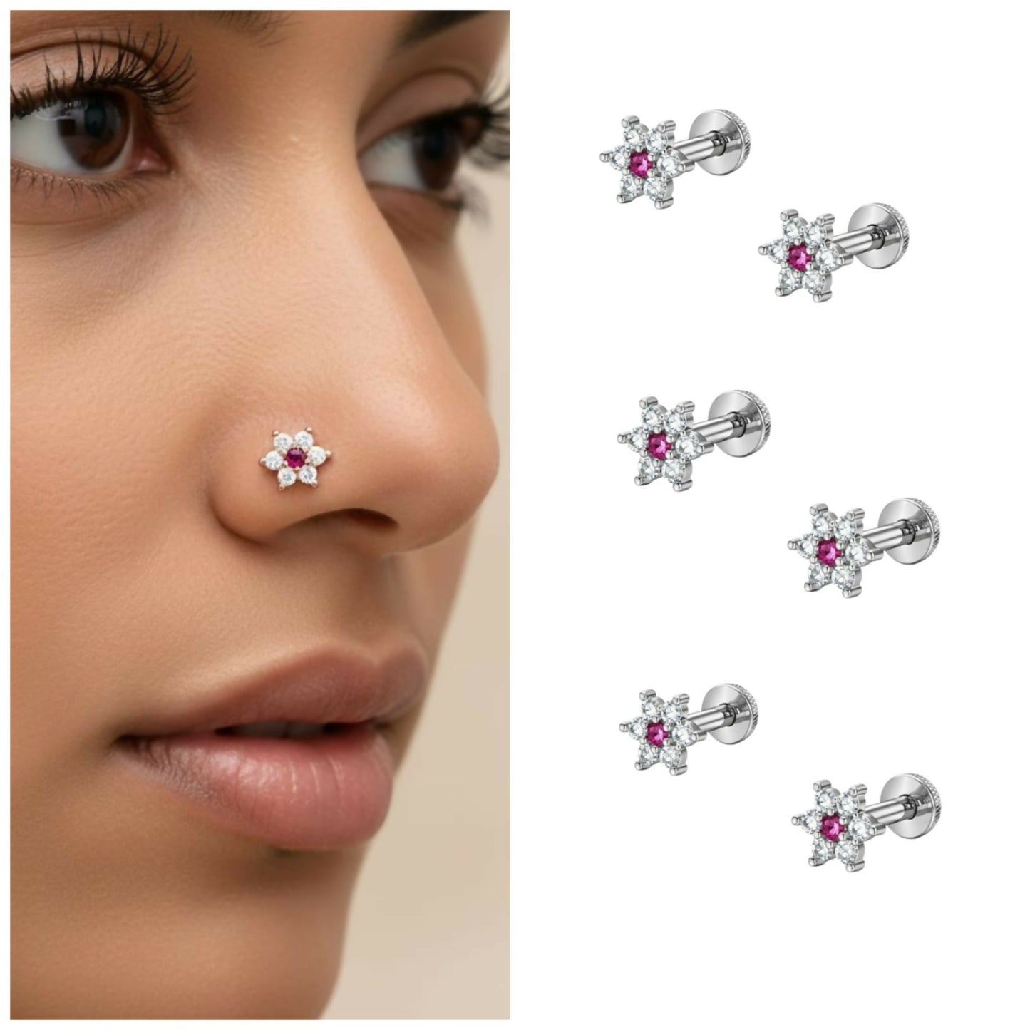 Silver plated pink floral nosepin stud with sparkling cubic zirconia petals