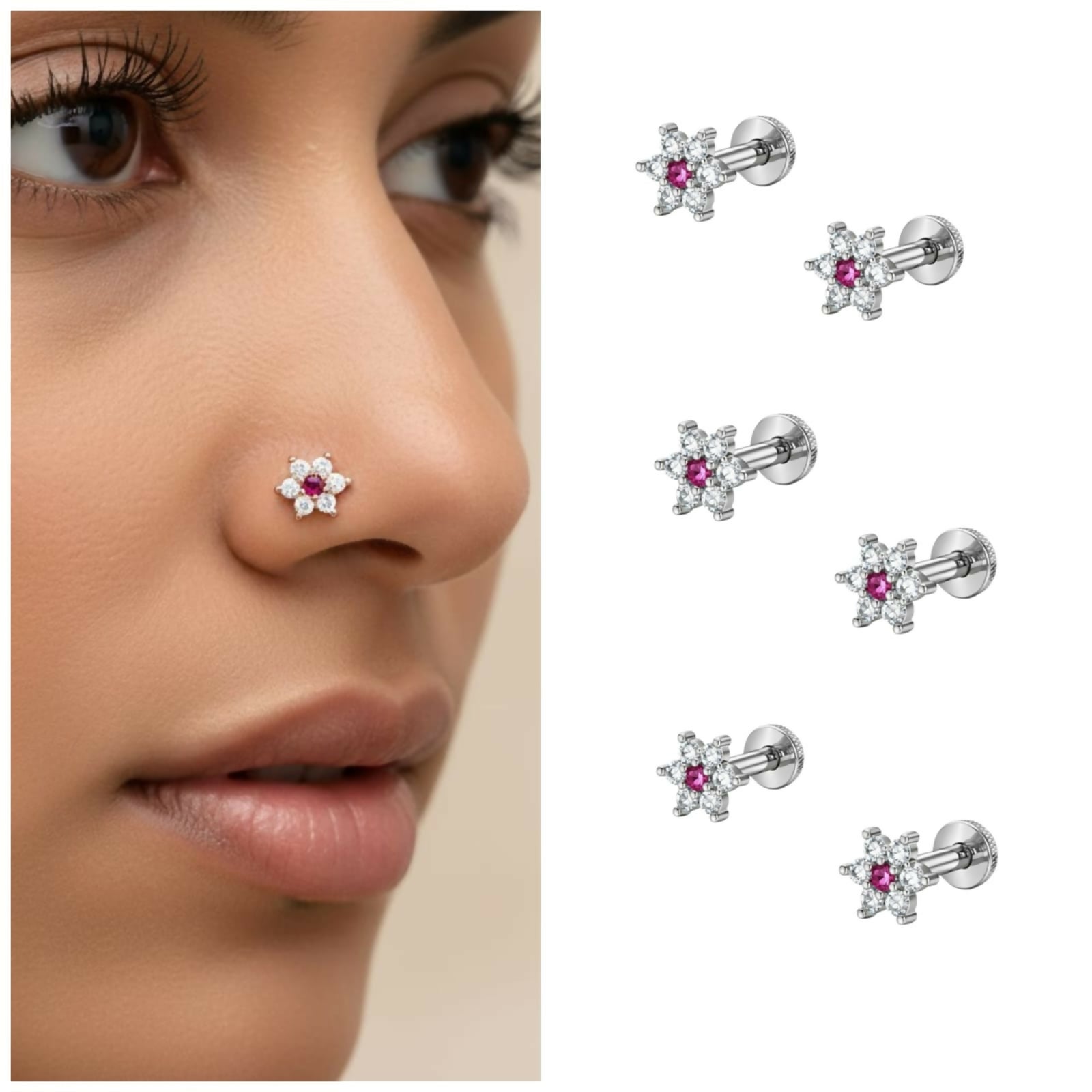 Silver plated pink floral nosepin stud with sparkling cubic zirconia petals