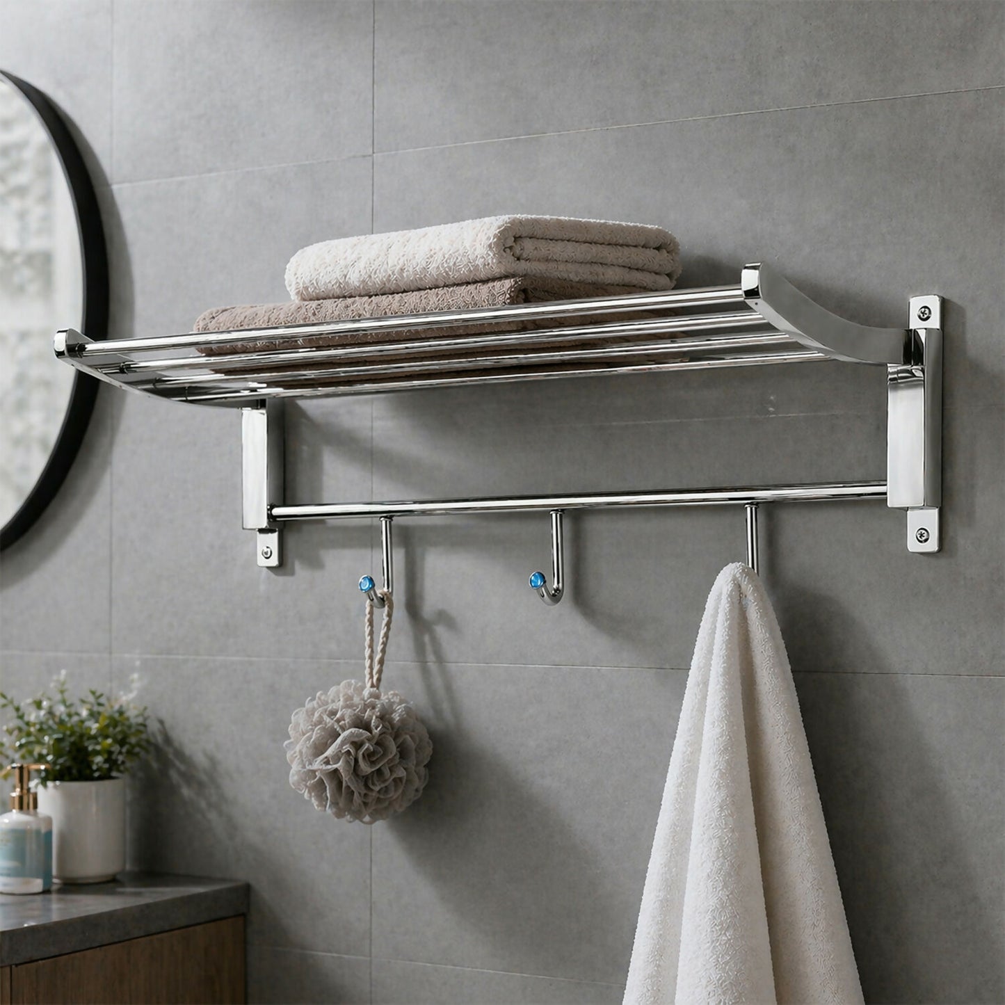 Spacious top shelf of towel rack with towels stacked