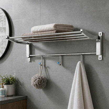 Spacious top shelf of towel rack with towels stacked