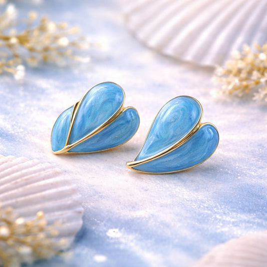 Elegant Sky Blue Glossy Leaf Design Stud Earrings with Gold Finish for Women