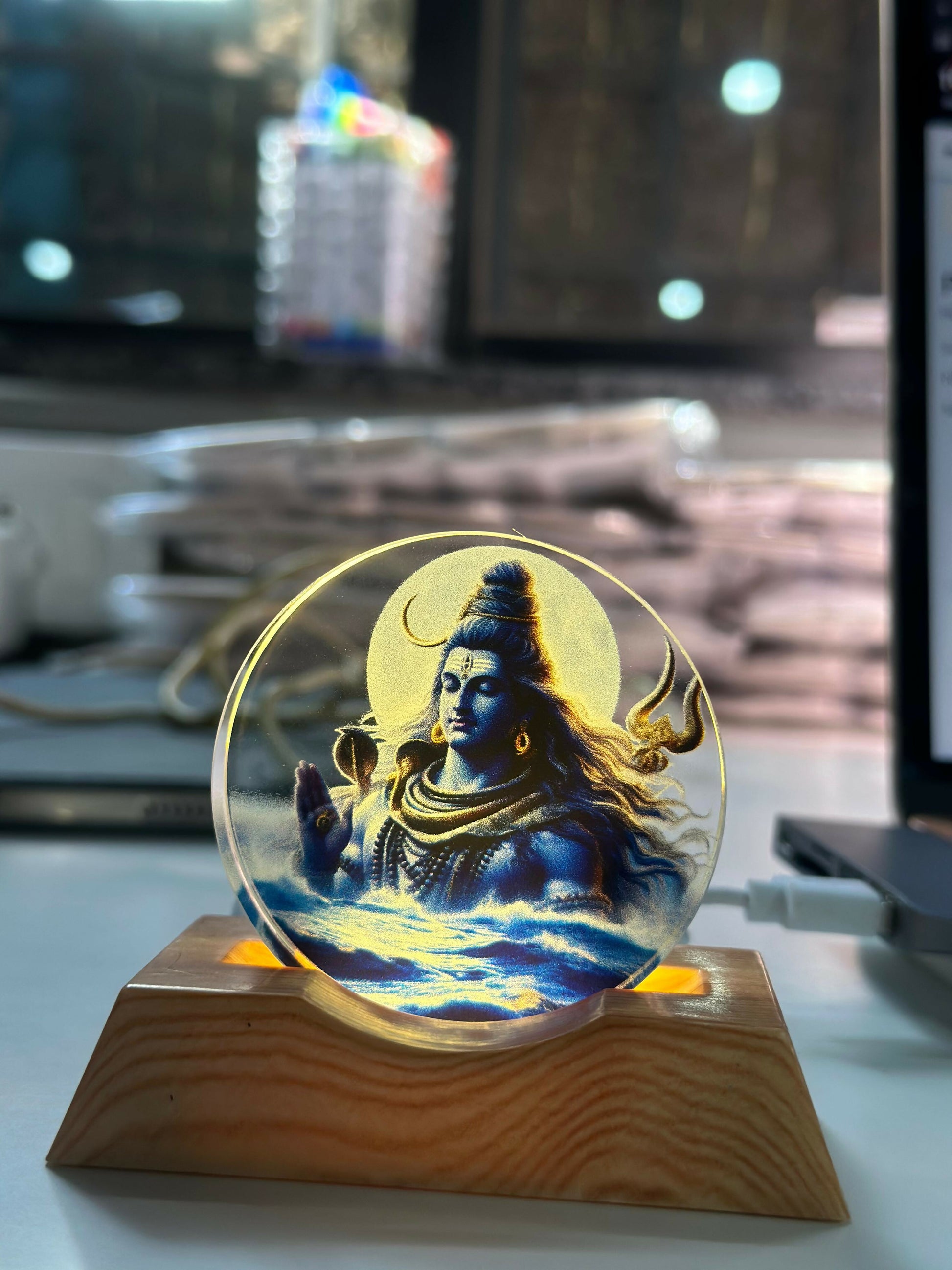 Lord Shiva Acrylic LED Night Lamp with Wooden Base | Devotional Light