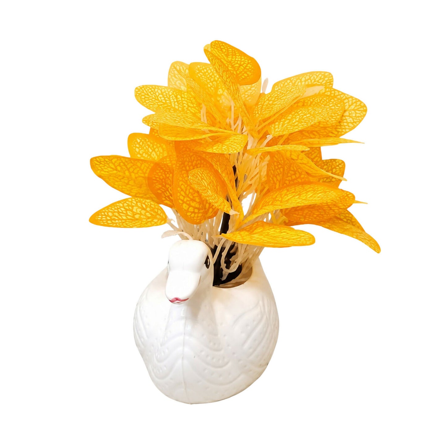Versatile artificial decor vase with orange skeleton leaves and white swan design