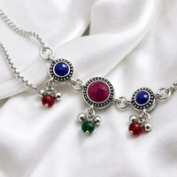 Oxidized Silver Multi-Gemstone Adjustable Bolo Bracelet with Ruby, Sapphire & Emerald-Tone Crystal Dangles