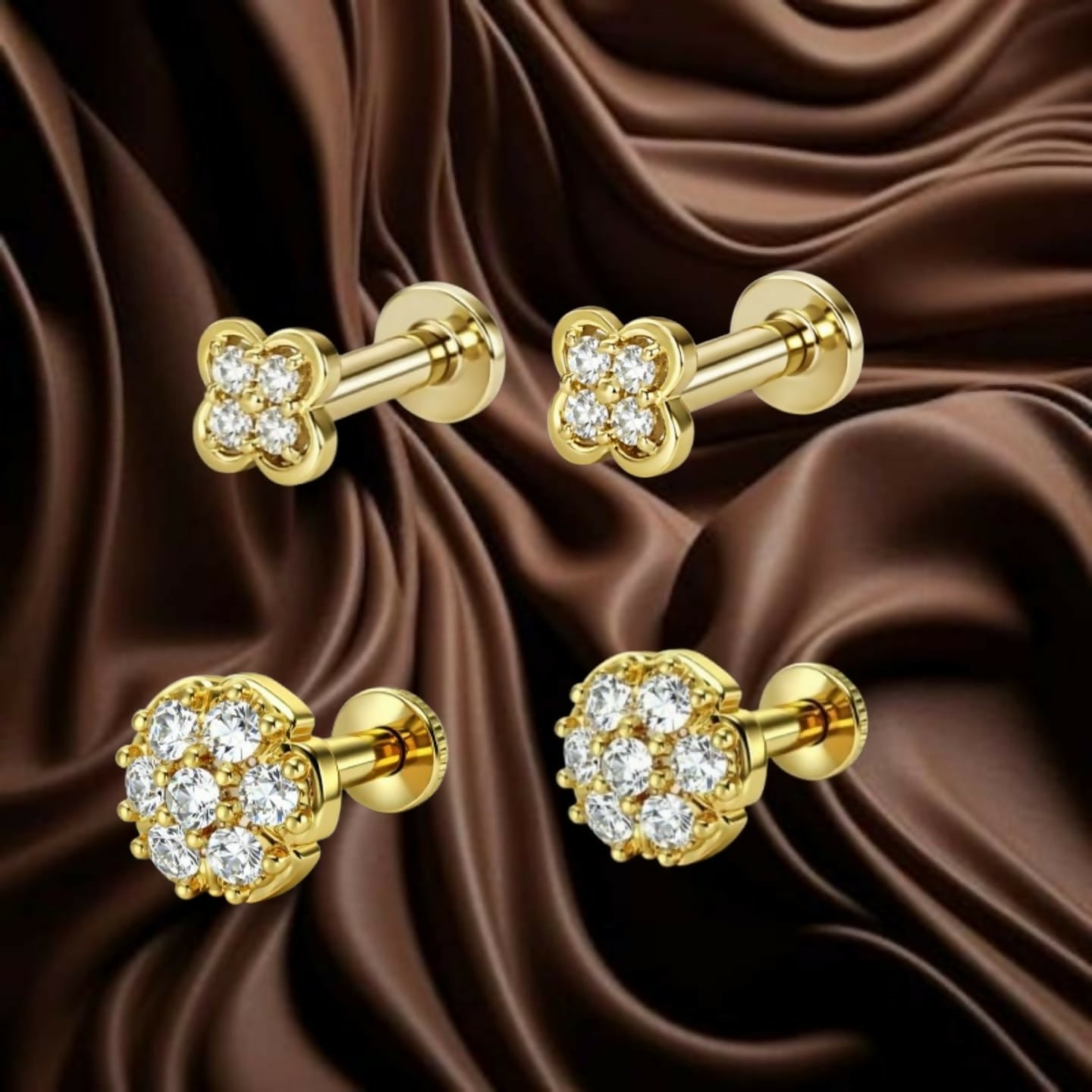 Gold clover labret stud earrings with sparkling pavé-set stones
