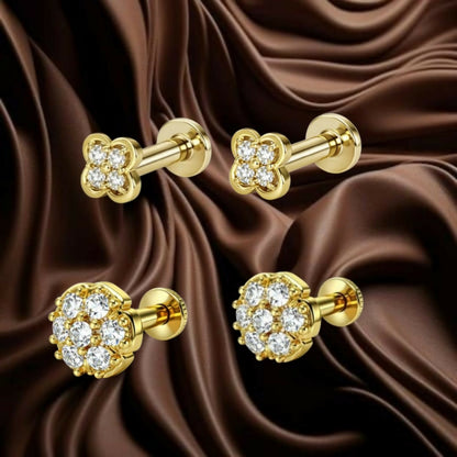 Gold clover labret stud earrings with sparkling pavé-set stones