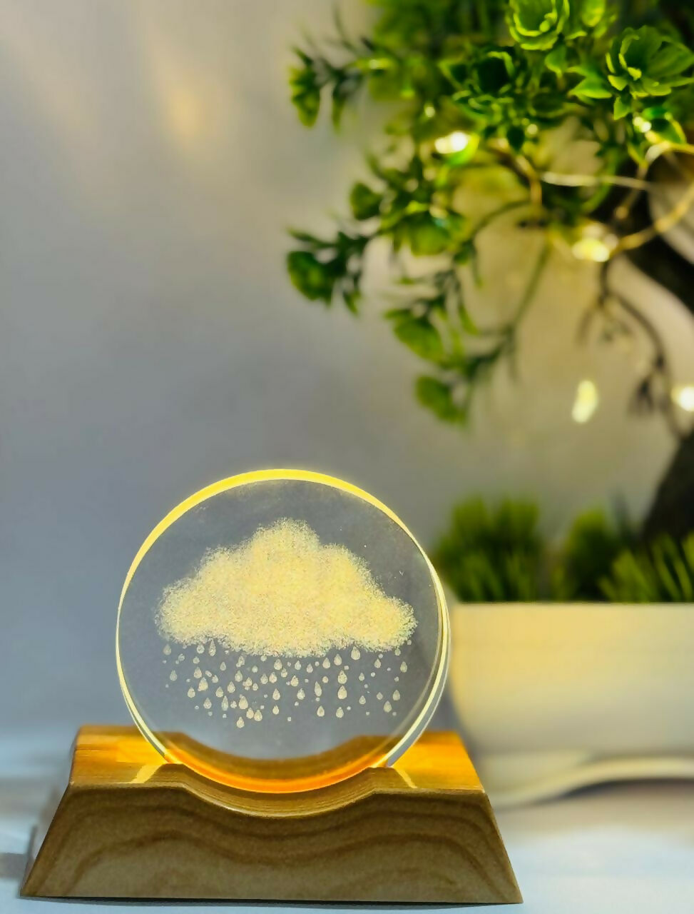 Crystal Cloud LED Night Lamp with Wooden Base | Warm Light Home Décor