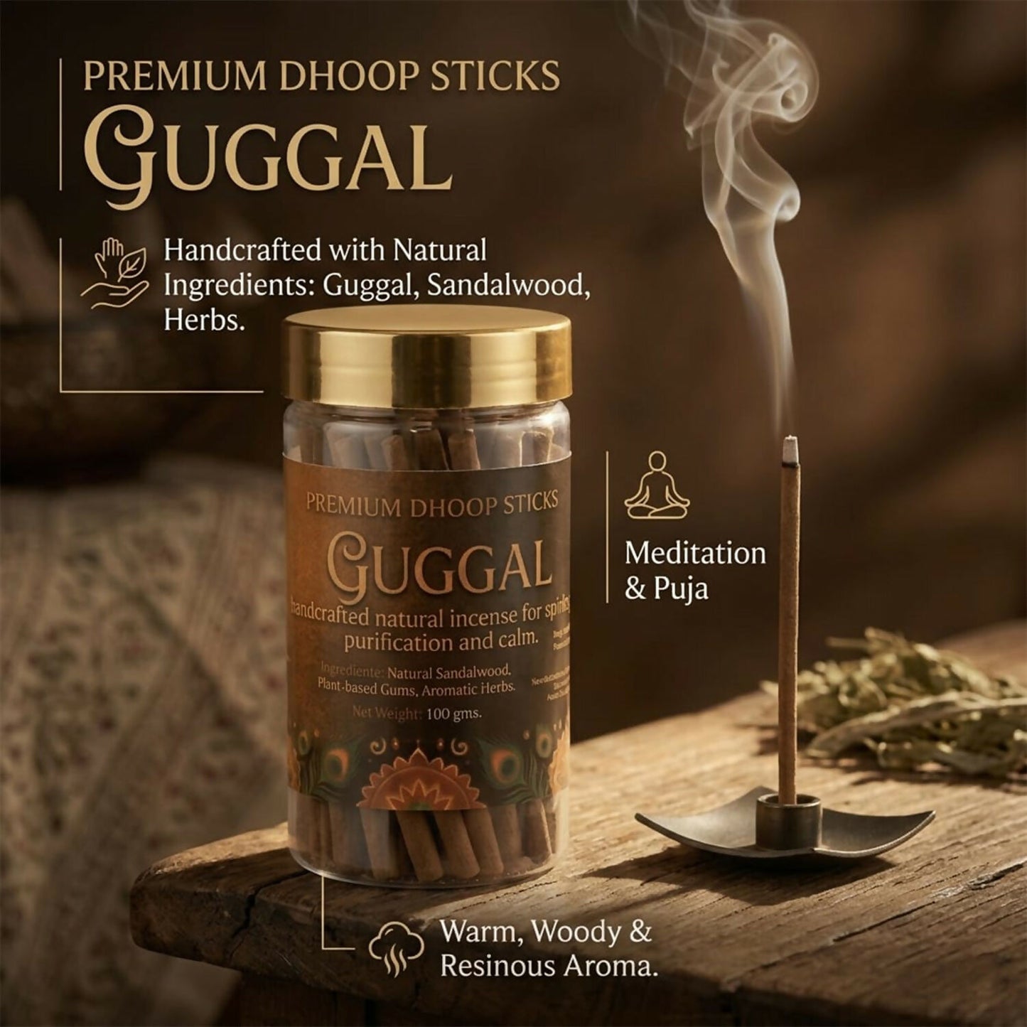 Close-up of natural Guggal Dhoop Sticks for pooja and meditation