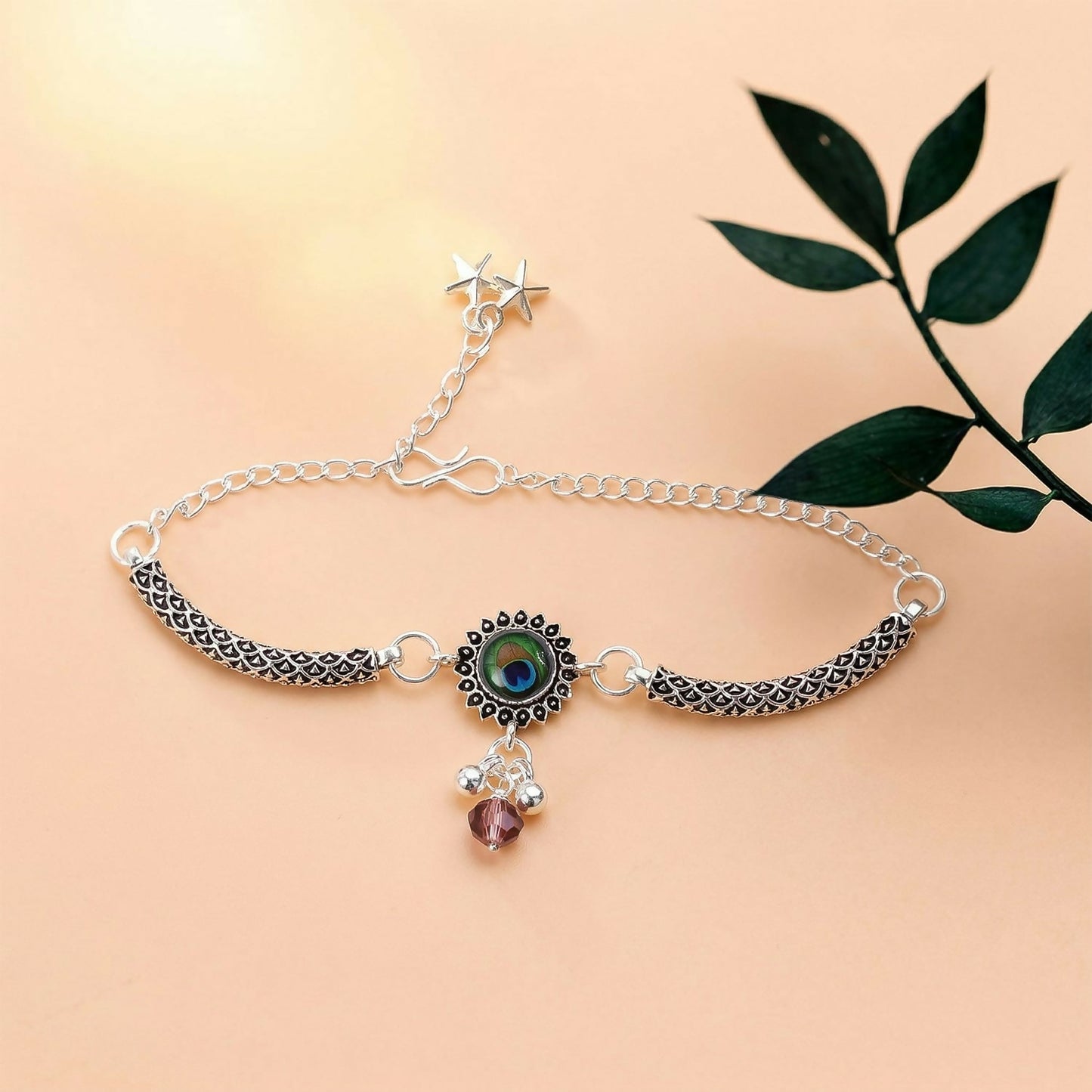Peacock Stone Silver Charm Bracelet with Adjustable Chain for Women